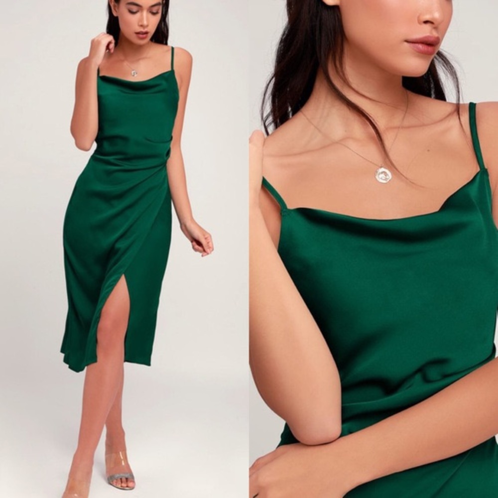 Emerald green cowl neck Lulu’s midi dress